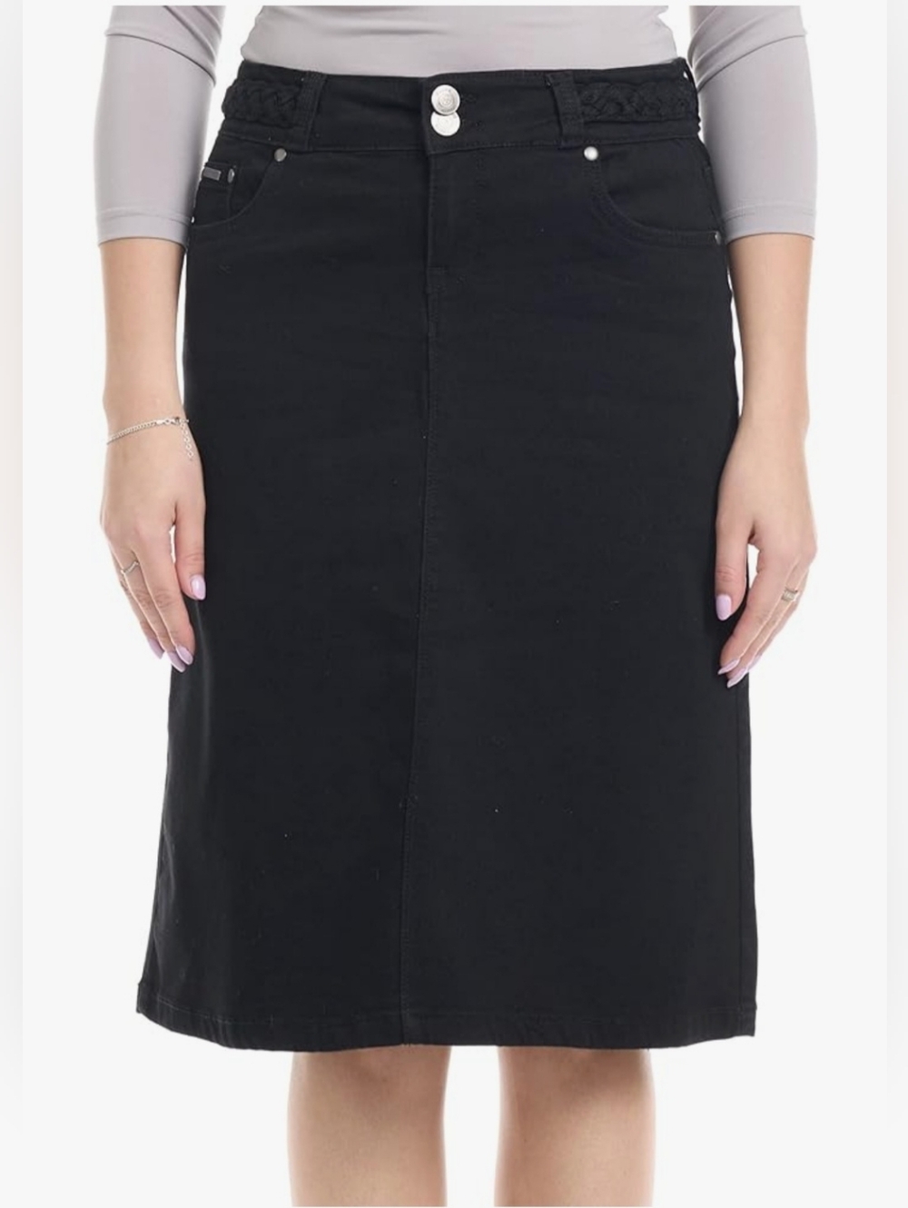 NWT Esteez Womens Sydney Black Denim Midi Skirt - Modest A-Line Jean Skirt- 2